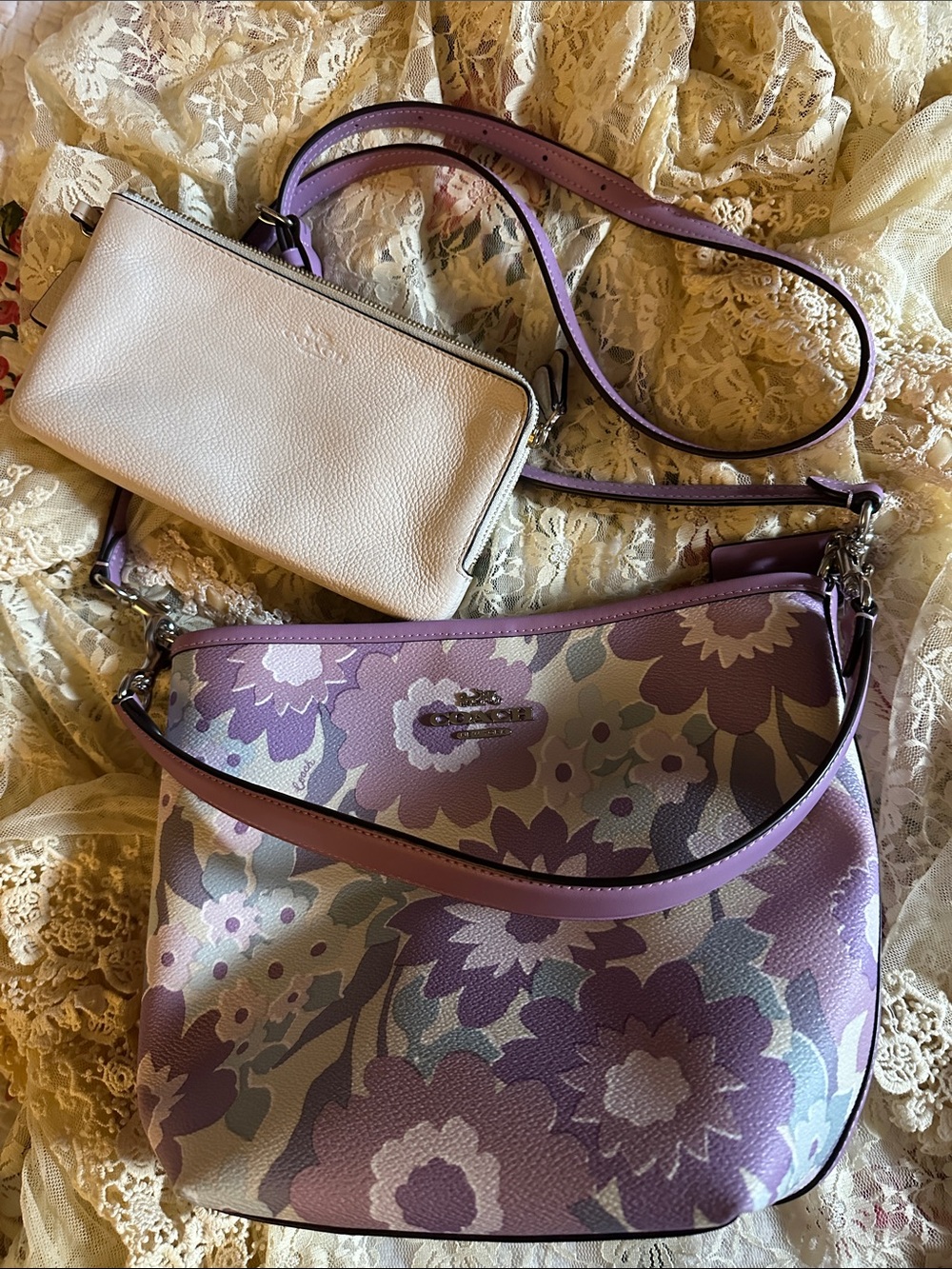 Coach Purple Floral Crossbody with Cream double lg wristlet